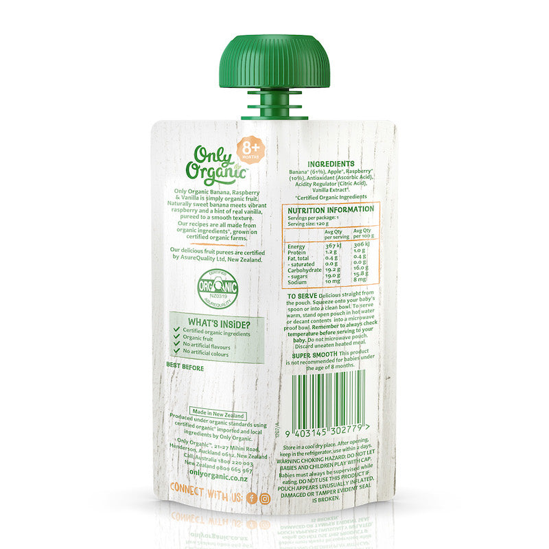 Only Organic Baby Food Banana, Raspberry, and Vanilla (120g)