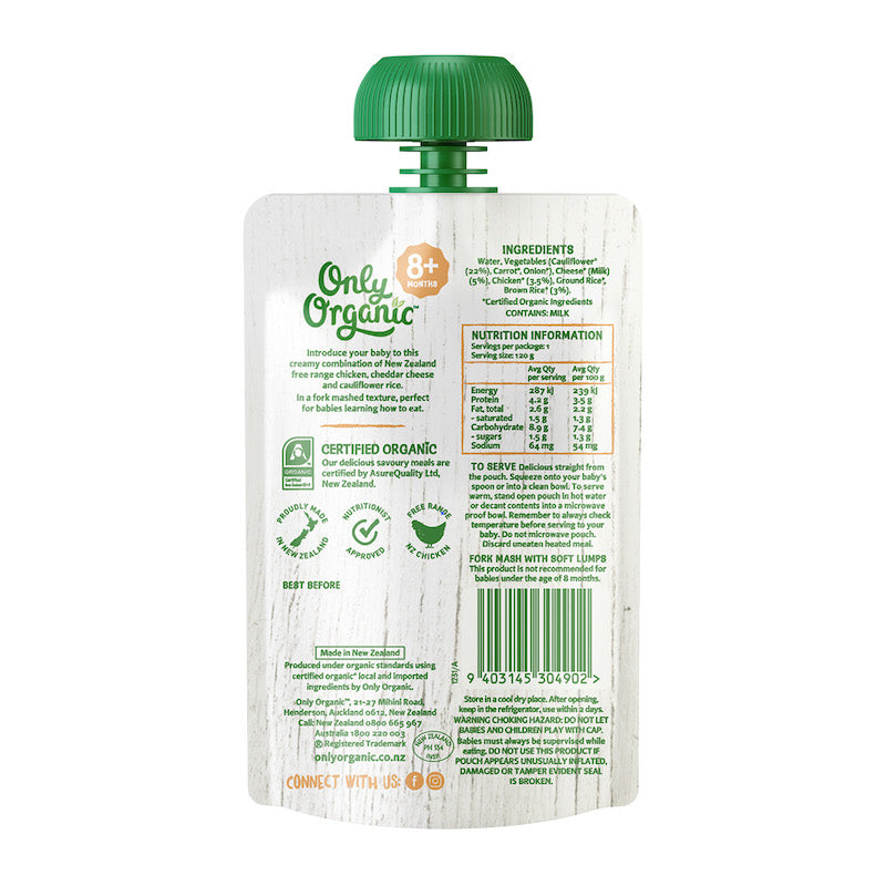Only Organic Baby Food Chicken, Cheddar Cheese, and Cauliflower Rice (120g)
