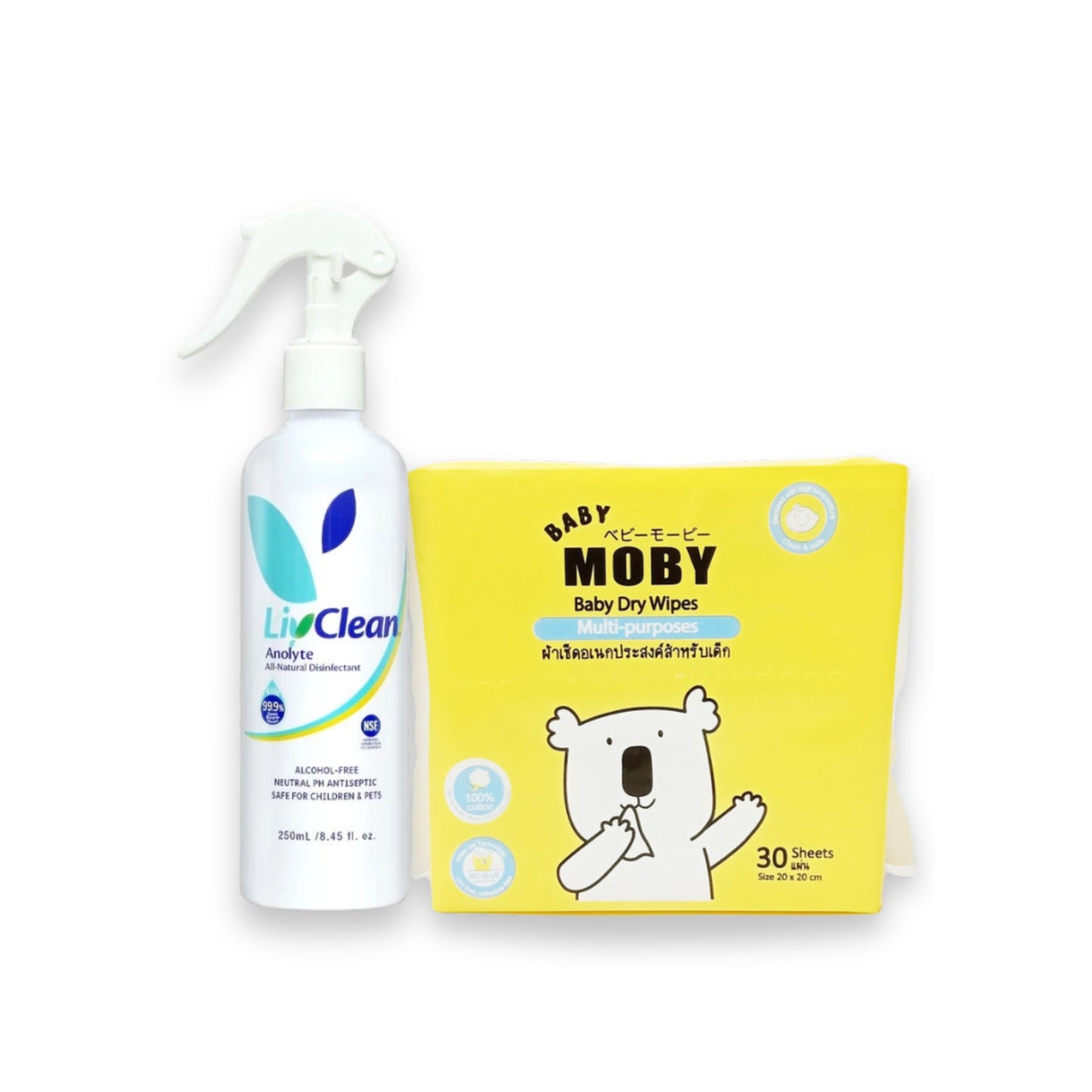 Baby Moby Dry Wipes + LivClean SA Anolyte Liquid Sanitizer Cleaning Bundle