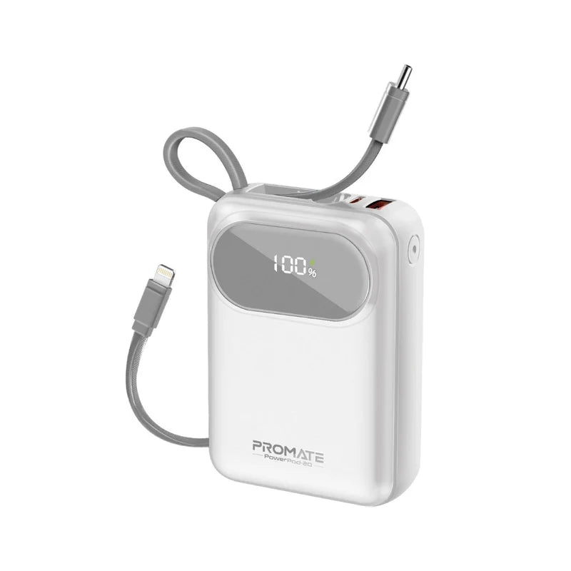 Promate PowerPod-20 PowerBank with Built-in USB-C and Lightning Cable