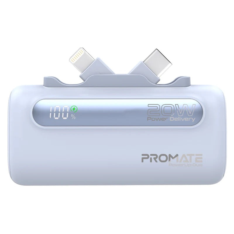 Promate PowerUp-Duo Ultra-Compact Fast Charging Power Bank with Dual foldable USB-C & Lightning Connectors