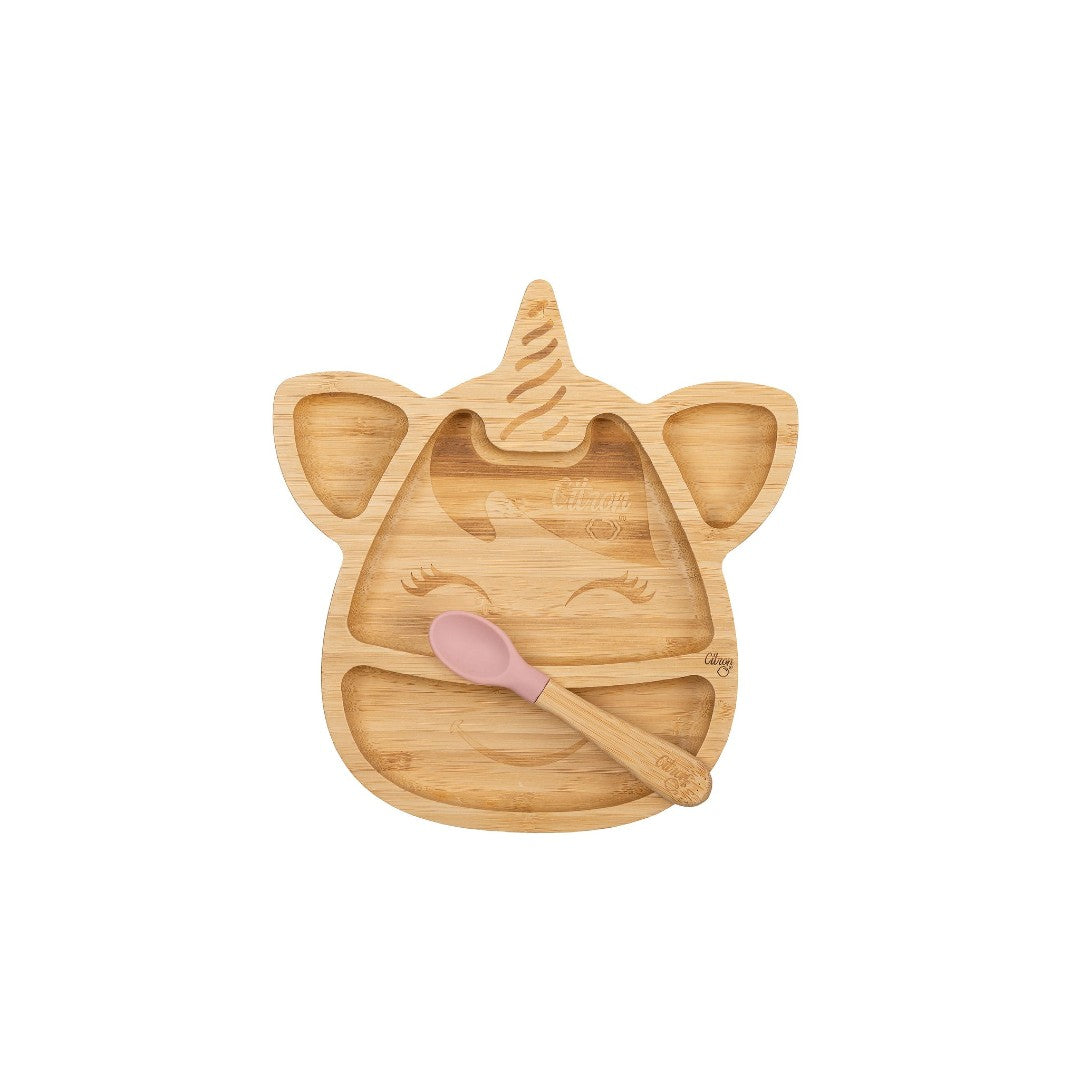 Citron Small Bamboo Plate with Suction + Spoon