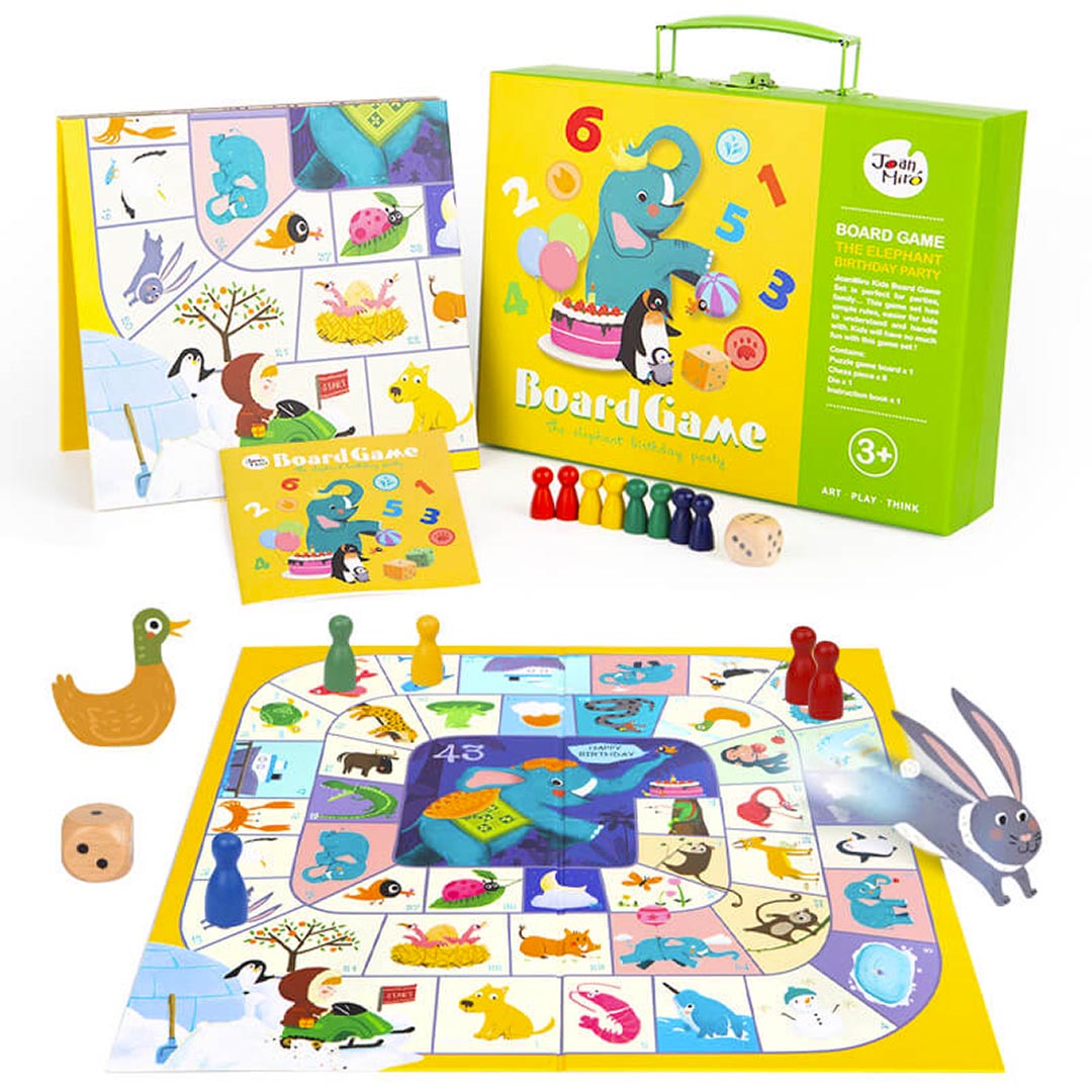 Joan Miro Flying Chess and Monopoly 2-in-1 Board Game Set: Elephant Birthday Party