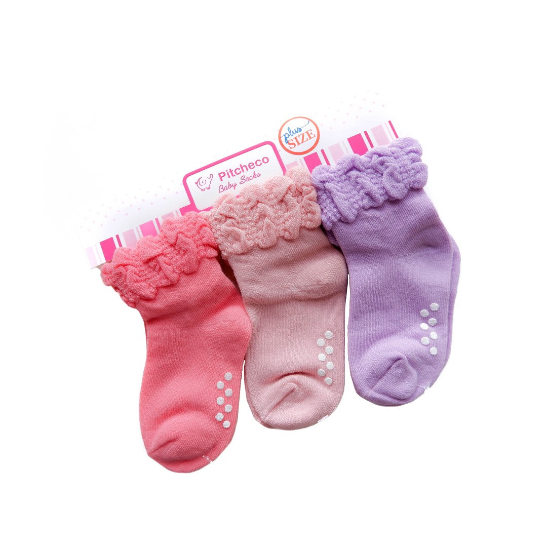 Pitcheco 3-in-1 Infant Girls' Socks with Rubber - Plus Size (Dark Pink, Light Pink, Purple)
