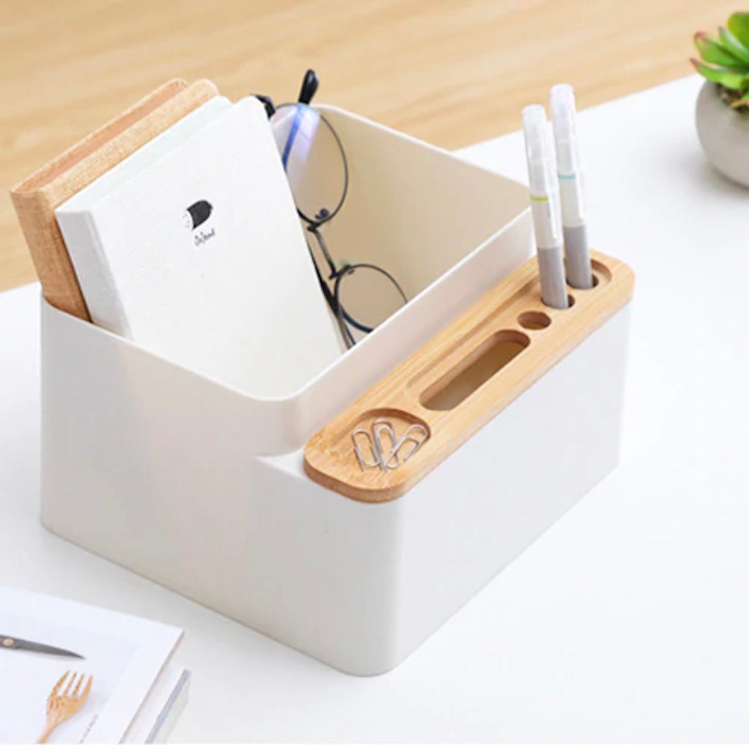 Urban Finds White with Wood Organizer with Pen Holes (A0265)