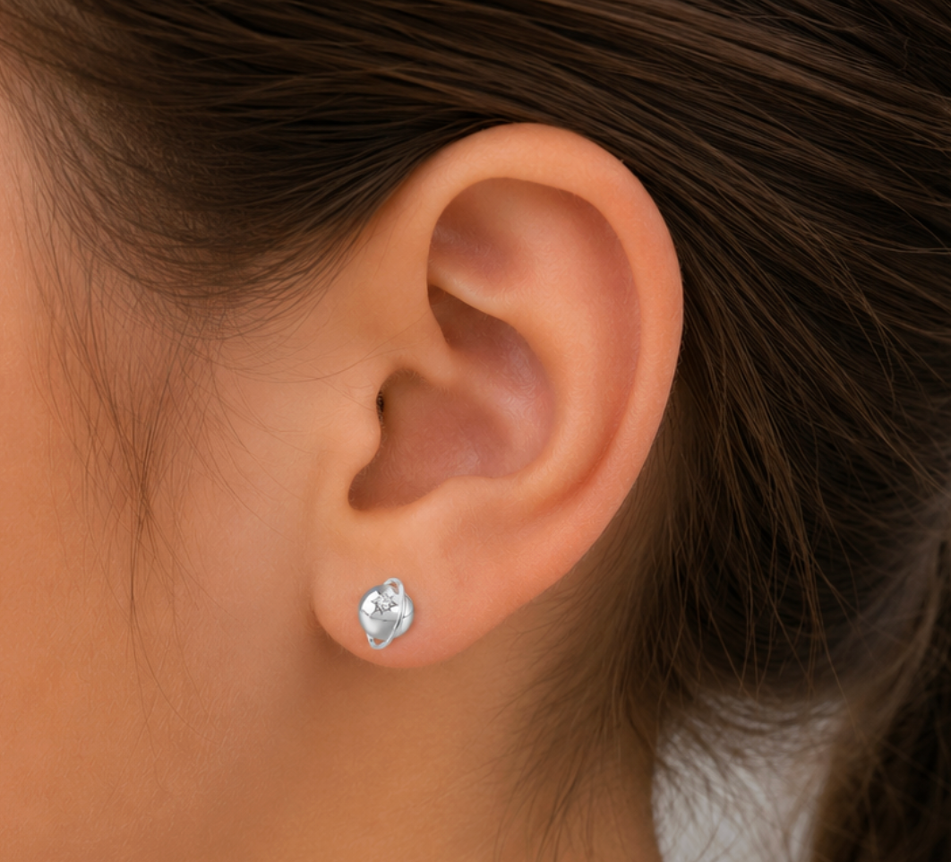 Auric and Ice 14k Gold Baby Earrings - Saturn (White Gold) - For Pre-order