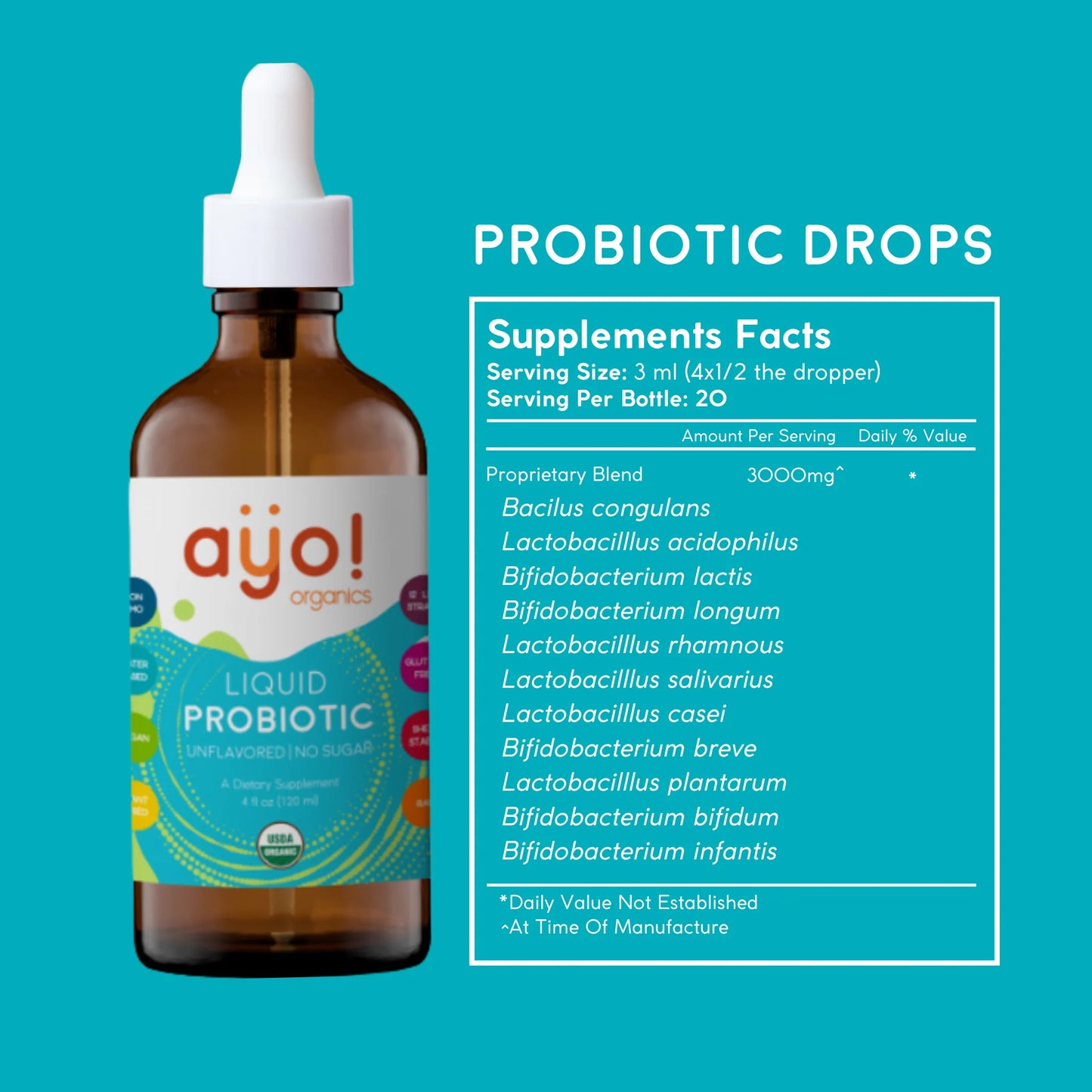 Ayo! Organics Liquid Probiotic Drops (4oz)