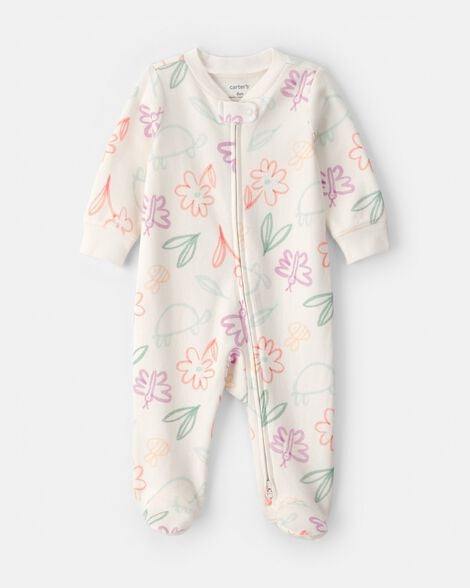 Carter's Baby Girl Spring Floral 2-Way Zip 100% Cotton Sleep & Play Pajama - Ivory