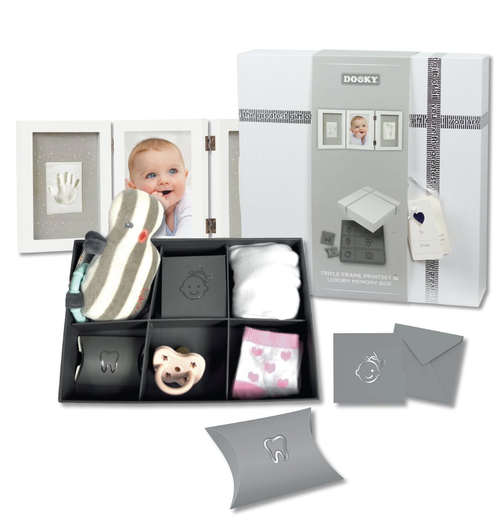 Dooky Gift Set: White Triple Frame Handprint and Memory Box