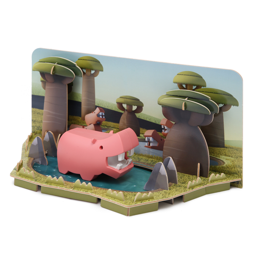 HalfToys Half Safari Hippo 3D Magnetic Educational Puzzle Toy Diorama Set with Figure and Habitat