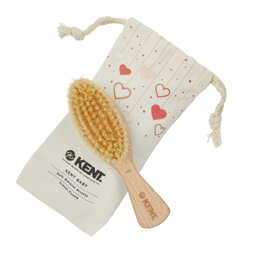 Kent Baby Soft Bristle Beechwood Brush with Canvas Travel Pouch