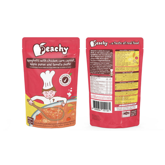 Peachy Spaghetti with Chicken, Corn, Carrot, Apple Puree and Tomato Paste