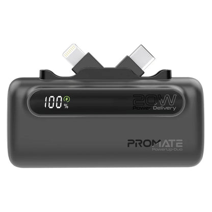 Promate PowerUp-Duo Ultra-Compact Fast Charging Power Bank with Dual foldable USB-C & Lightning Connectors
