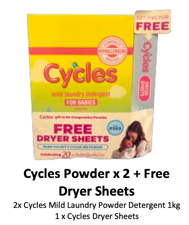 Cycles Mild Laundry Detergent Powder x 2 + Free Dryer Sheets