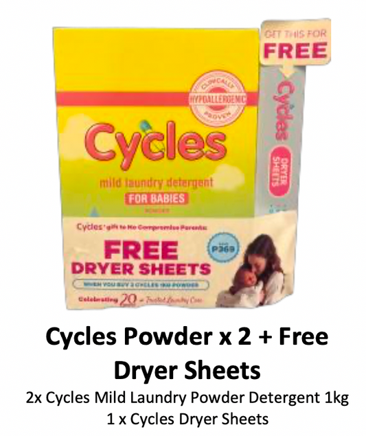 Cycles Mild Laundry Detergent Powder x 2 + Free Dryer Sheets
