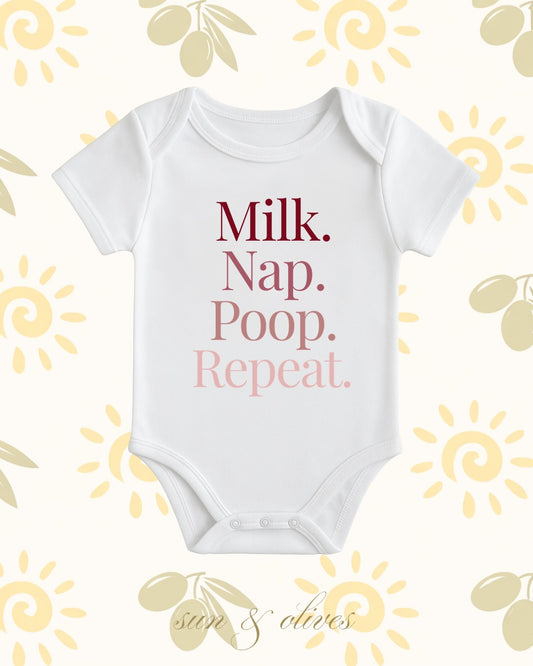 Sun and Olives Baby Onesie - Milk, Nap, Poop, Repeat
