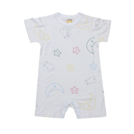 BaaBaa Sheepz White Colorful Moon and Star Short Sleeve Romper