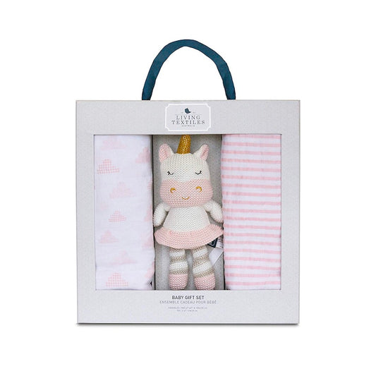 Living Textiles 2Pc Muslin Swaddle Blankets + Mini Kenzie Unicorn Baby Bento Gift Set