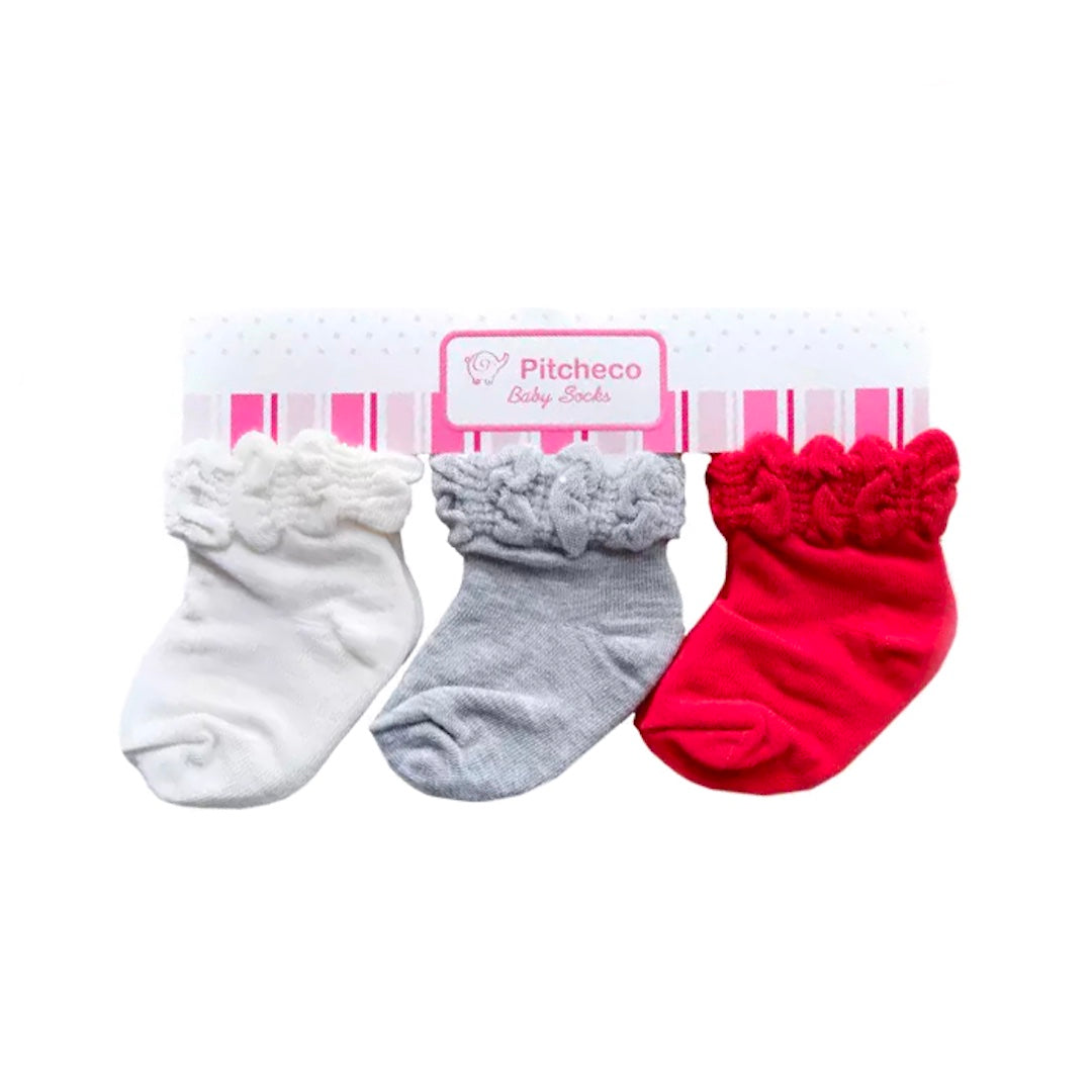 Pitcheco 3-in-1 Newborn Girls' Socks (White, Grey Red)