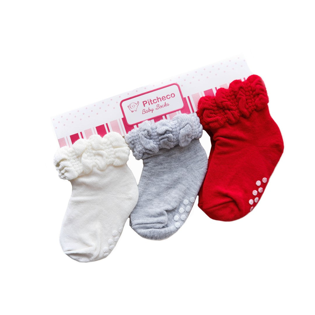Pitcheco 3-in-1 Infant Girls' Socks with Rubber (White, Gray, Red)